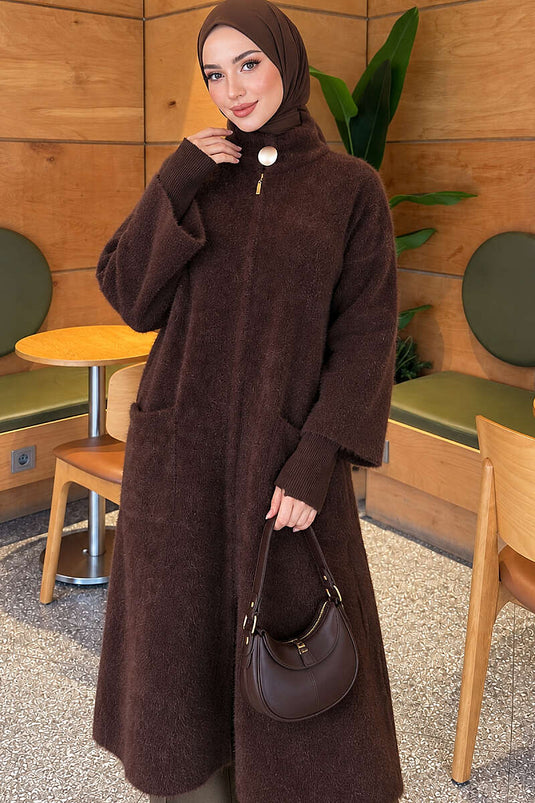 Gilet Long À Boutons Avec Poches En Marron Café
