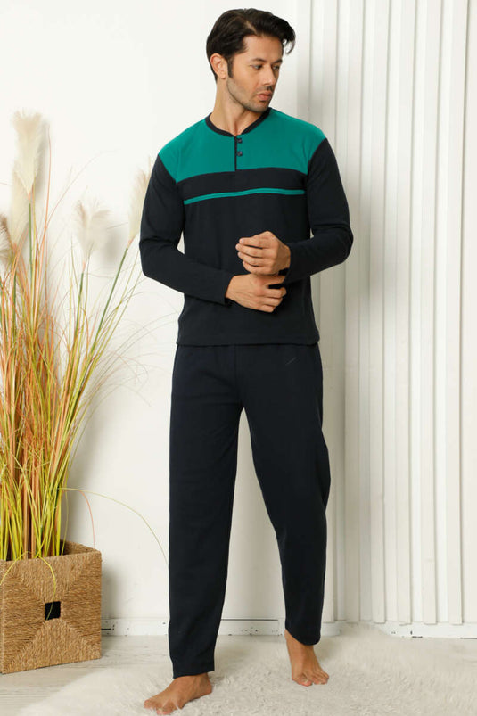 Yaka Düğmeli Uzun Kol Erkek Pijama Takımı Yeşil
