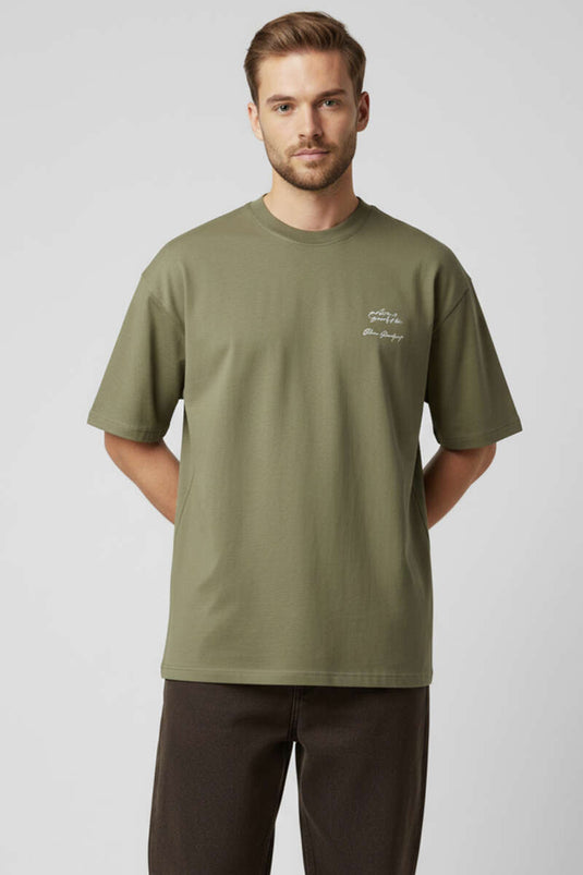 Yaka Enjeksiyon Baskı Yazılı Erkek T-shirt Haki