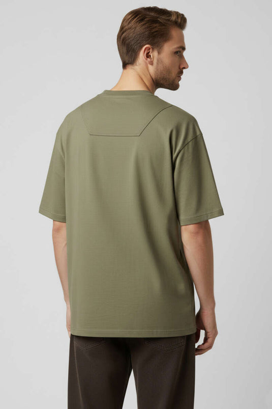 Yaka Enjeksiyon Baskı Yazılı Erkek T-shirt Haki