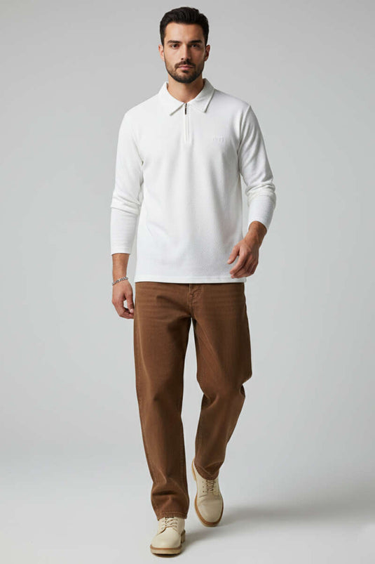 Yaka Fermuarlı Basic Erkek Sweatshirt Ekru