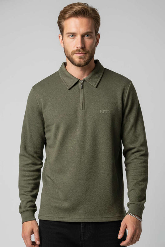 Men's Basic Sweatshirt with Zip Collar, Khaki