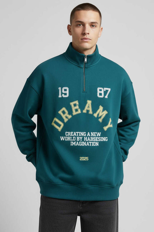 Collared Zip-Up Printed Men's Sweatshirt Petrol