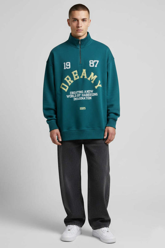 Collared Zip-Up Printed Men's Sweatshirt Petrol