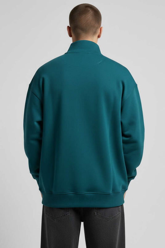 Collared Zip-Up Printed Men's Sweatshirt Petrol