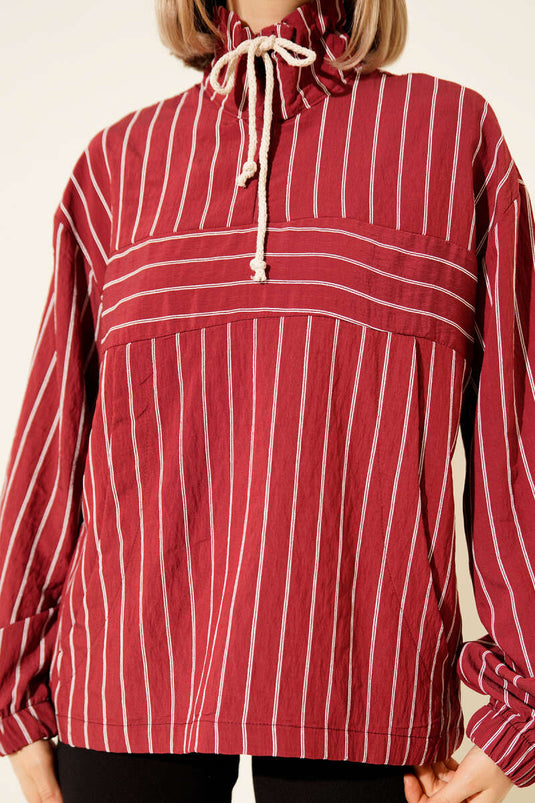 Striped Shirt with Zipper Collar, Burgundy