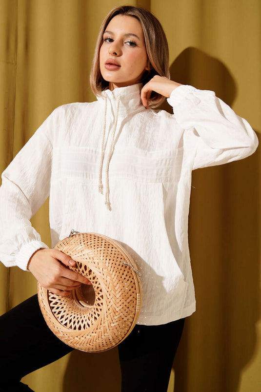 Striped Shirt with Zip Collar, Ecru