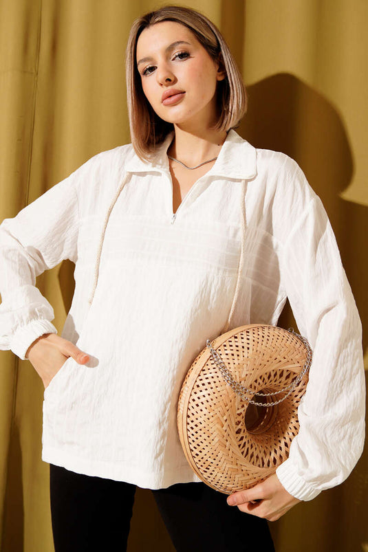 Chemise rayée à col zippé, écru