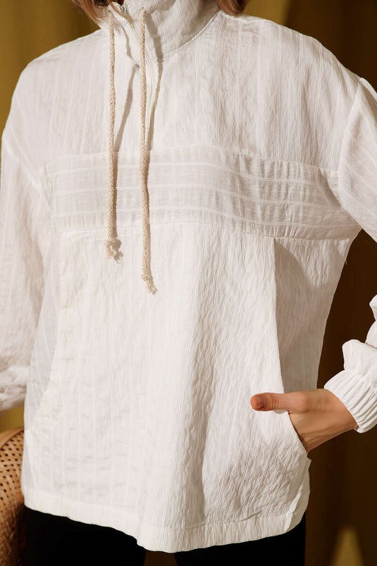 Striped Shirt with Zip Collar, Ecru