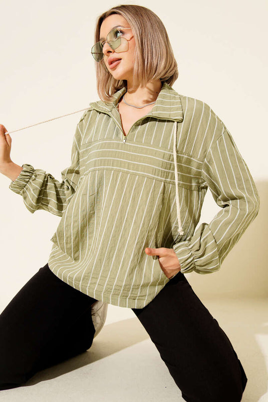 Striped Shirt with Zip Collar, Khaki