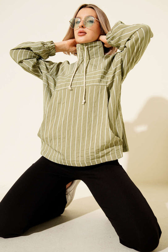 Chemise rayée à col zippé, kaki