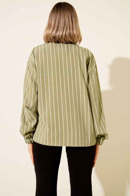 Chemise rayée à col zippé, kaki