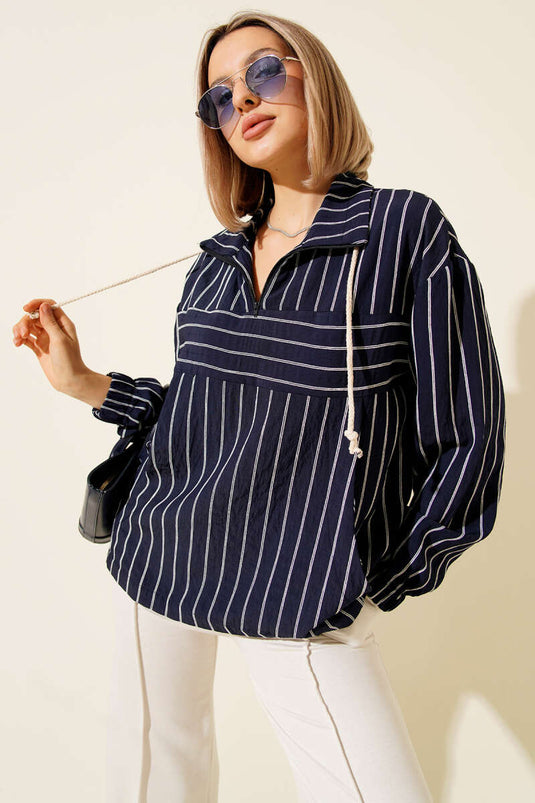 Navy Striped Shirt with Zipper Collar