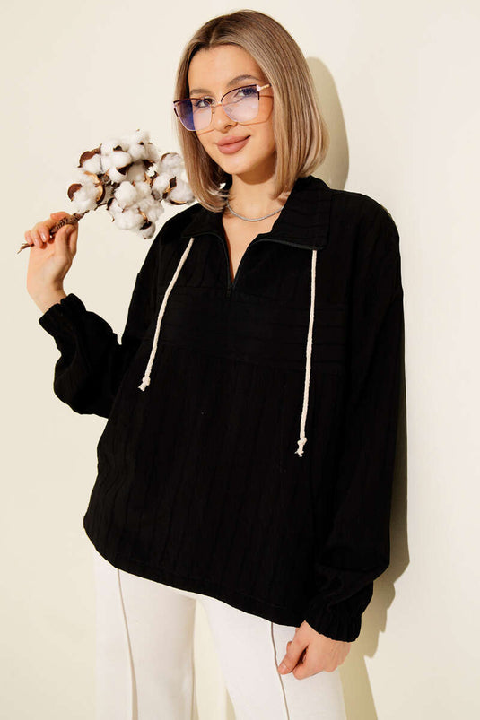 Gestreiftes Hemd mit Reißverschlusskragen, Schwarz