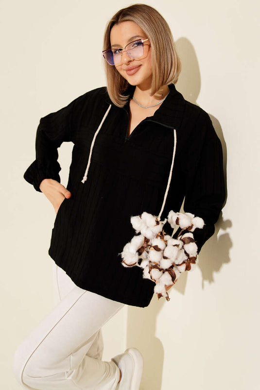 Chemise rayée à col zippé, noire