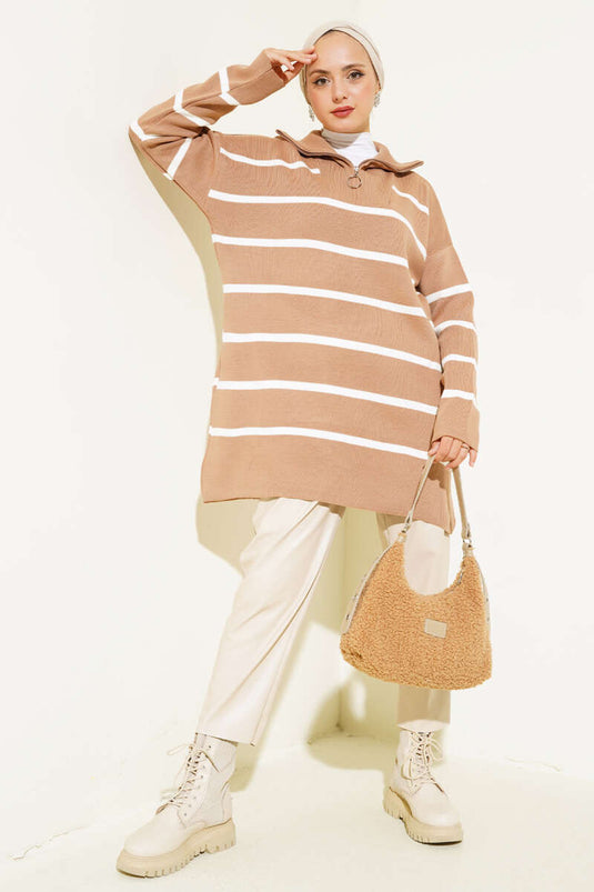 Collar Zippered Striped Knit Tunic Biscuit