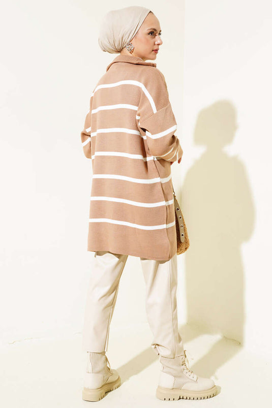 Collar Zippered Striped Knit Tunic Biscuit