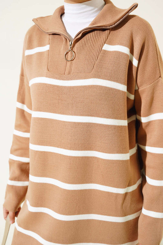 Collar Zippered Striped Knit Tunic Biscuit