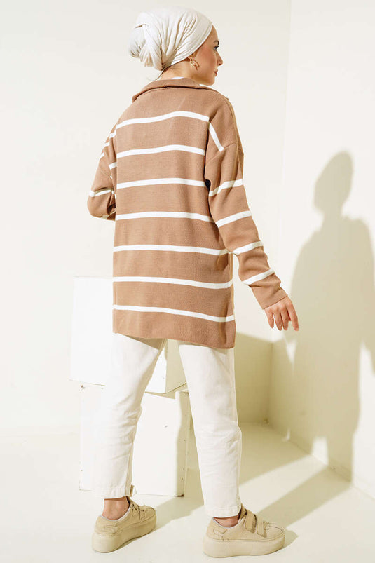Col Fermeture Éclair Rayé Tricot Tunique Latte