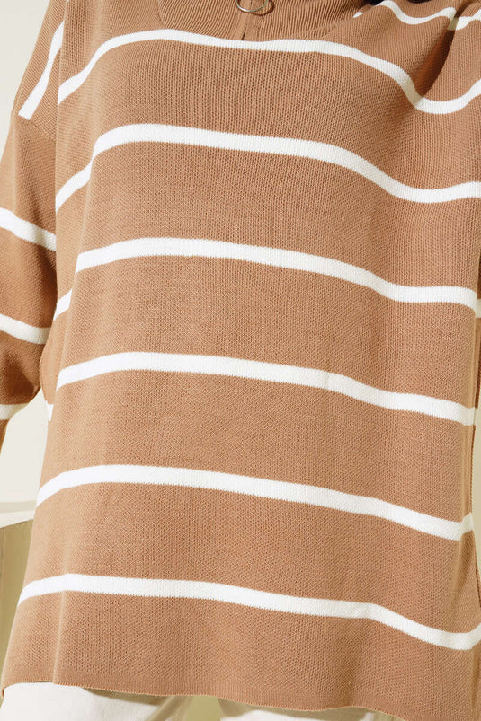 Col Fermeture Éclair Rayé Tricot Tunique Latte