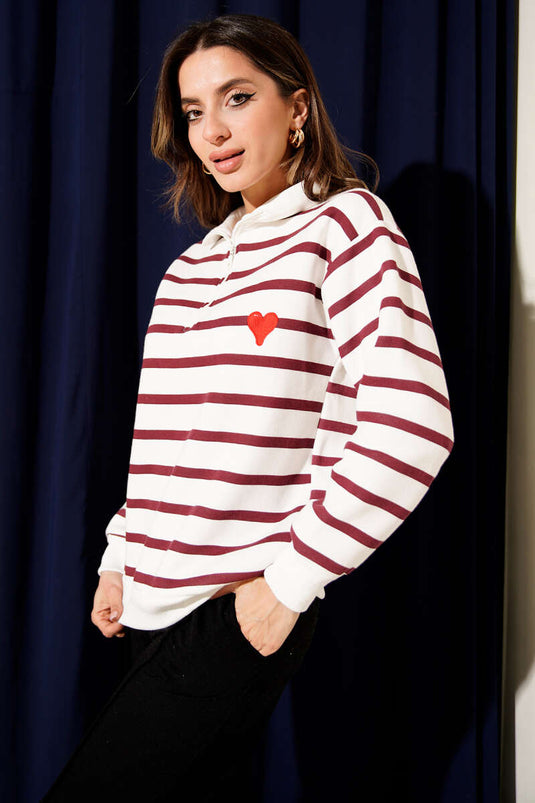 Striped Three-Thread Sweatshirt with Collar Zipper, Burgundy
