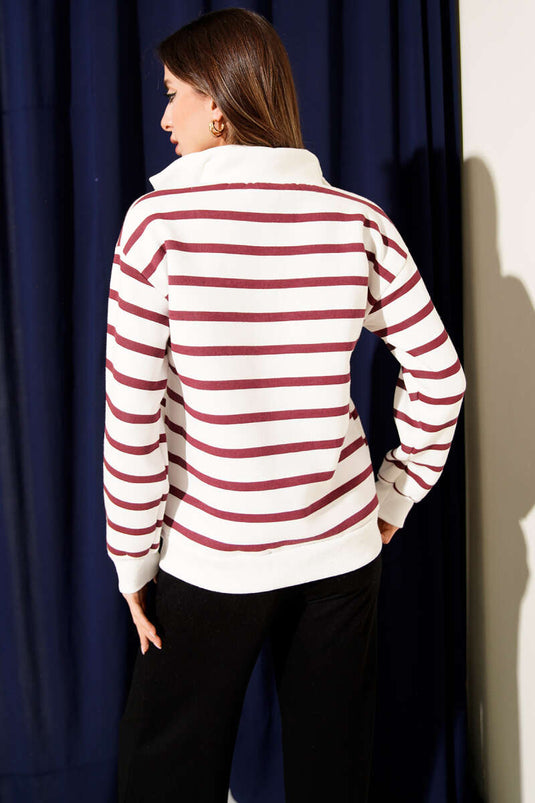 Striped Three-Thread Sweatshirt with Collar Zipper, Burgundy