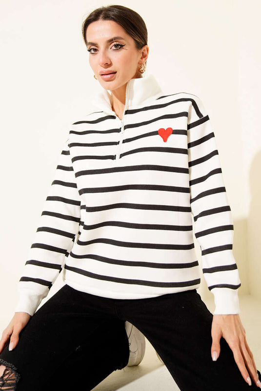 Gestreiftes Sweatshirt mit drei Fäden, Kragenreißverschluss, Schwarz