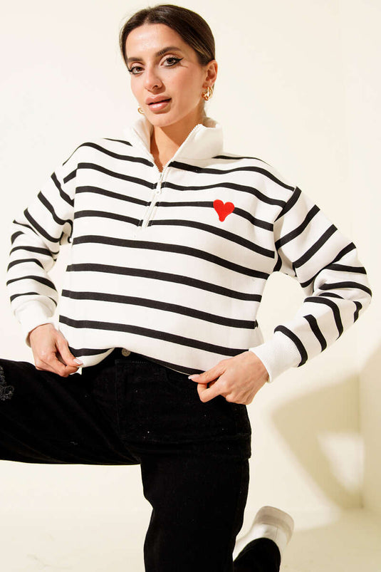 Striped Three-Thread Sweatshirt with Collar Zipper, Black