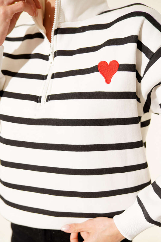 Gestreiftes Sweatshirt mit drei Fäden, Kragenreißverschluss, Schwarz