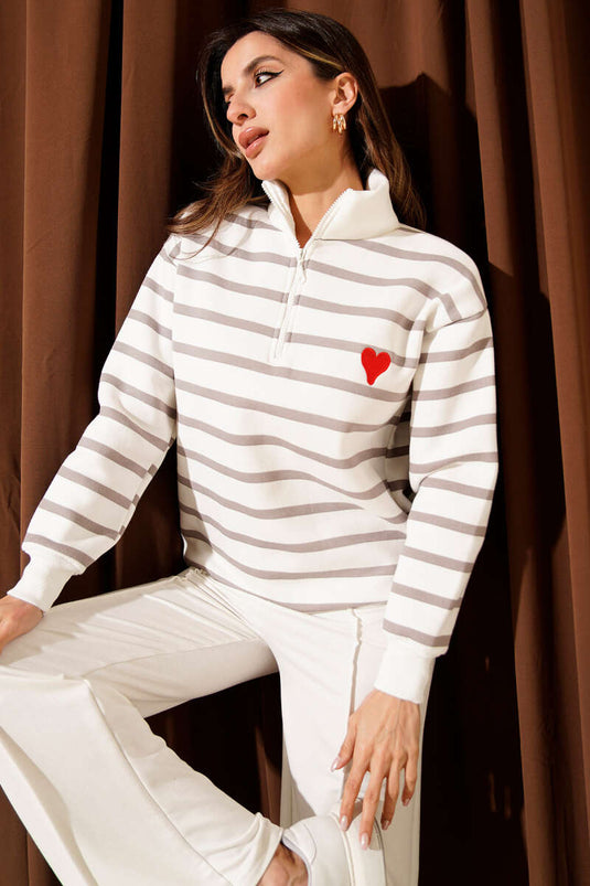 Gestreiftes Sweatshirt mit dreifädigem Muster, Kragenreißverschluss, Nerz