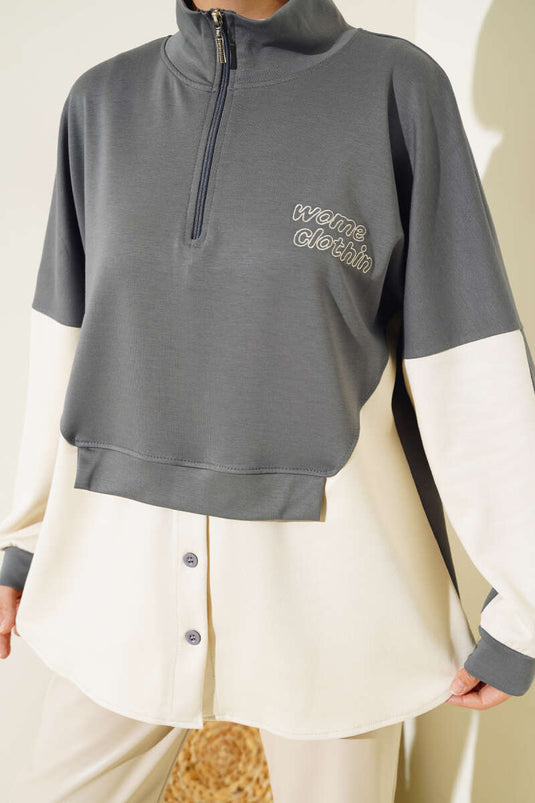 Collar Zippered Button Detail Tunic Smoke