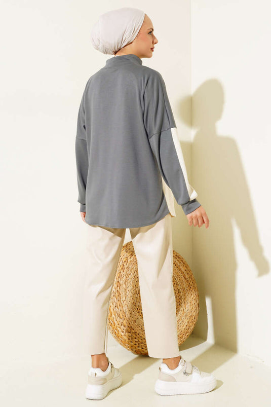 Collar Zippered Button Detail Tunic Smoke