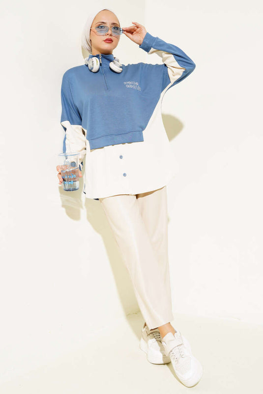 Collar Zipper Button Detail Tunic Indigo