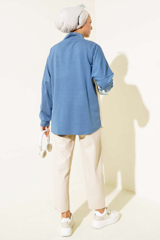 Collar Zipper Button Detail Tunic Indigo