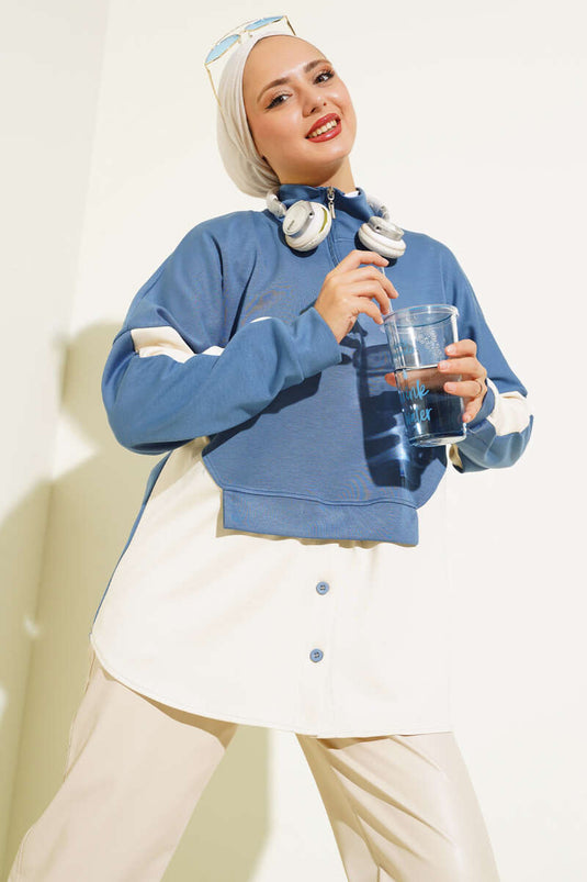 Collar Zipper Button Detail Tunic Indigo