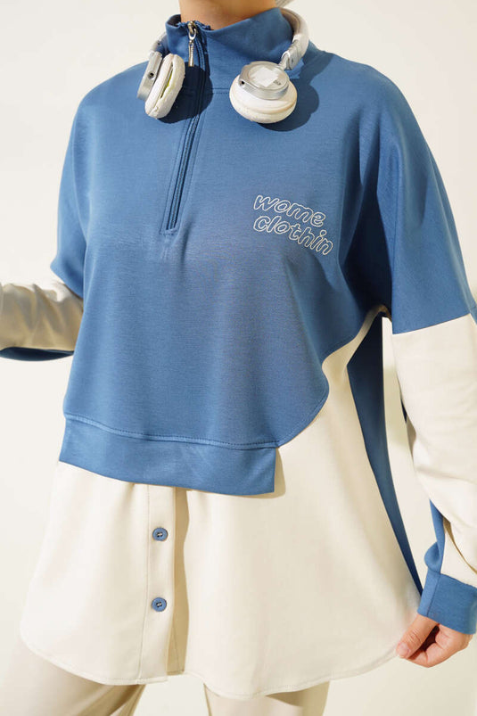 Collar Zipper Button Detail Tunic Indigo