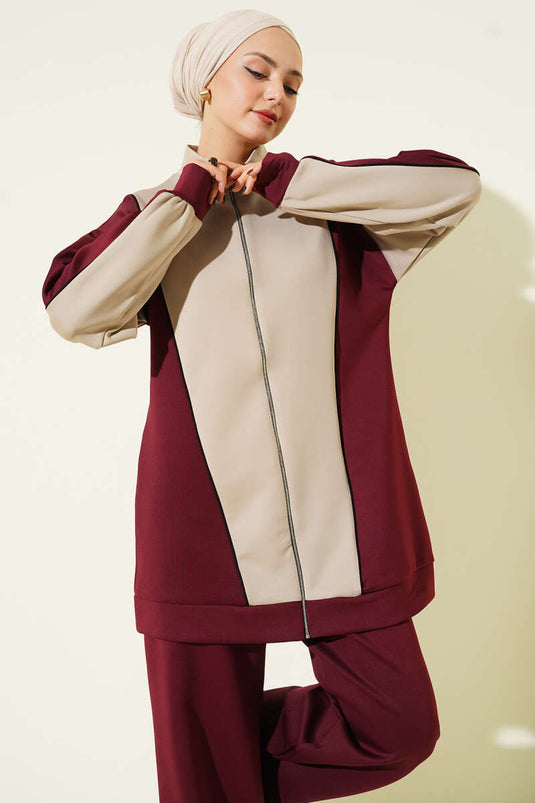 Completo due pezzi con cerniera sul colletto e rifiniture, bordeaux