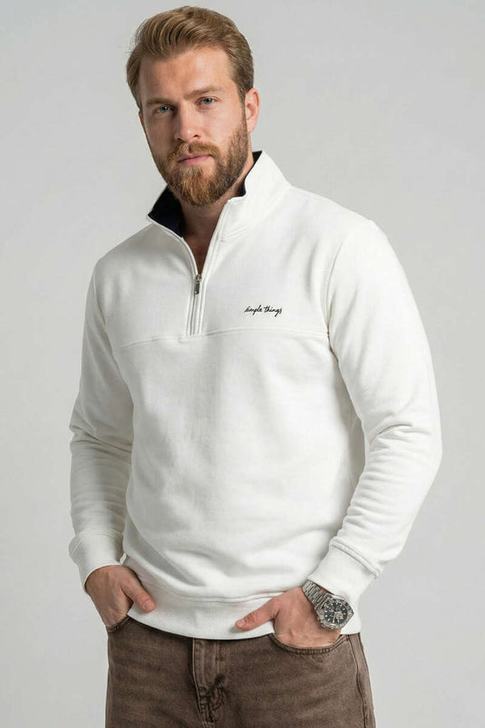 Sweat-shirt pour homme à deux fils avec fermeture éclair Yaka, écru