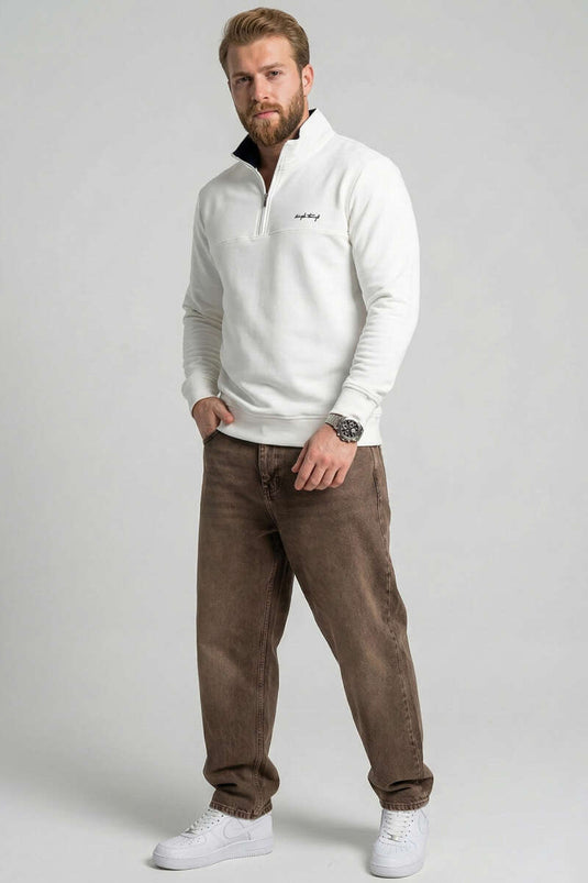 Sweat-shirt pour homme à deux fils avec fermeture éclair Yaka, écru