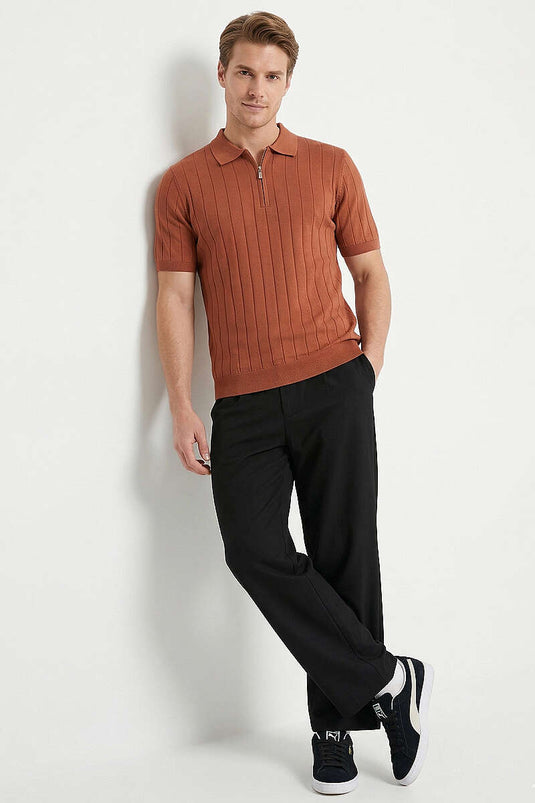 Men's Slim Fit Striped T-shirt with Collar Zipper, Brick Red