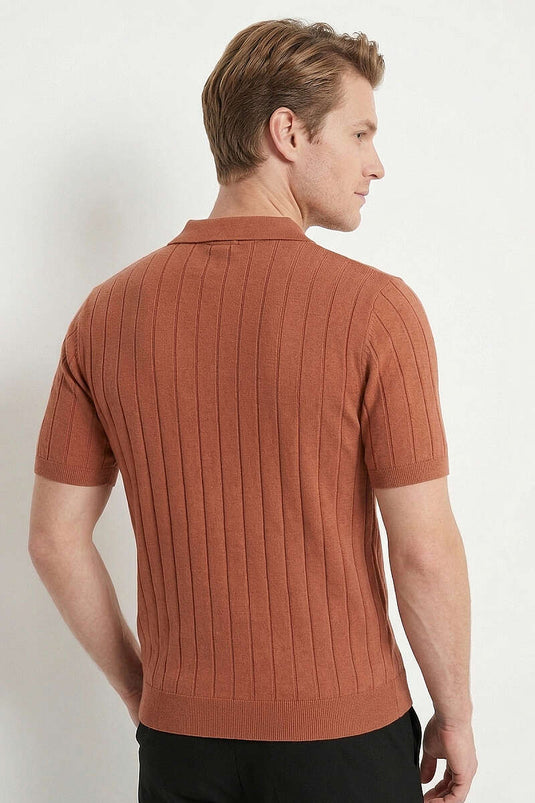 Men's Slim Fit Striped T-shirt with Collar Zipper, Brick Red