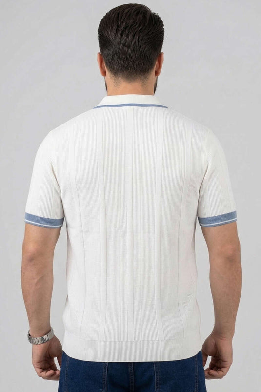 T-shirt da uomo in mercerizzato con collo a zip bianco e blu