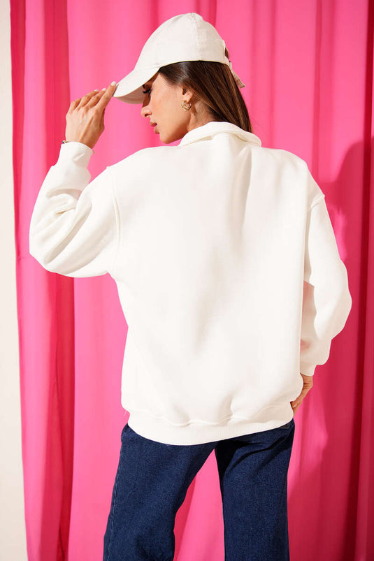 Yaka Fermuarlı Nyc Baskılı Sweatshirt Ekru