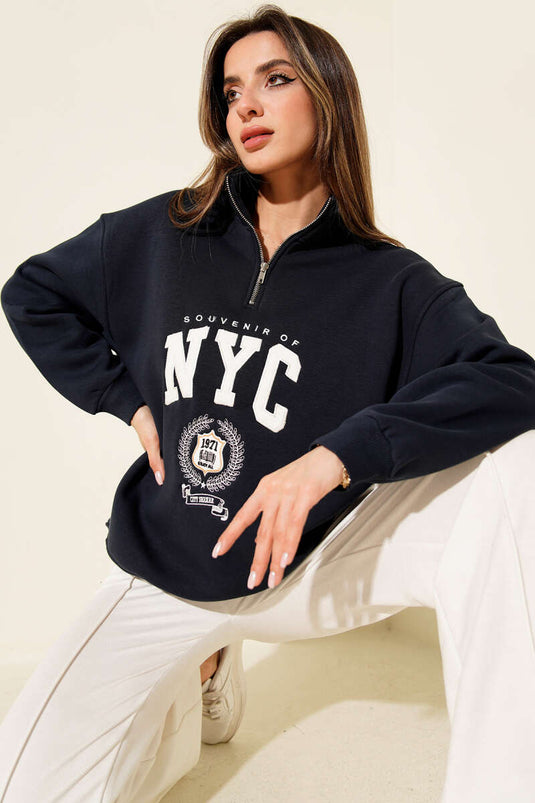 Yaka Fermuarlı Nyc Baskılı Sweatshirt Lacivert
