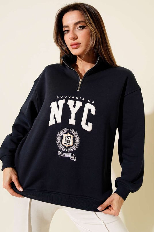 Yaka Fermuarlı Nyc Baskılı Sweatshirt Lacivert