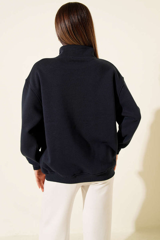 Yaka Fermuarlı Nyc Baskılı Sweatshirt Lacivert