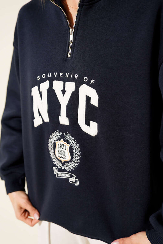 Yaka Fermuarlı Nyc Baskılı Sweatshirt Lacivert