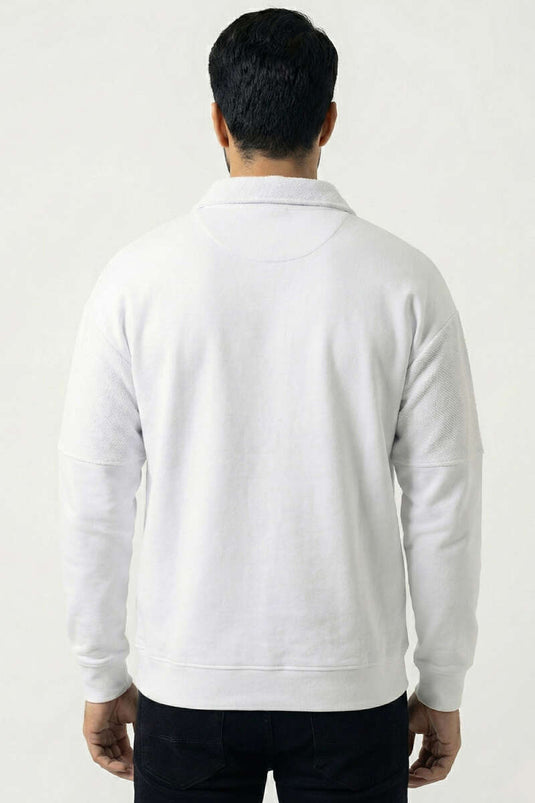 Collared Zip-Up Ribbed Men's Sweatshirt White