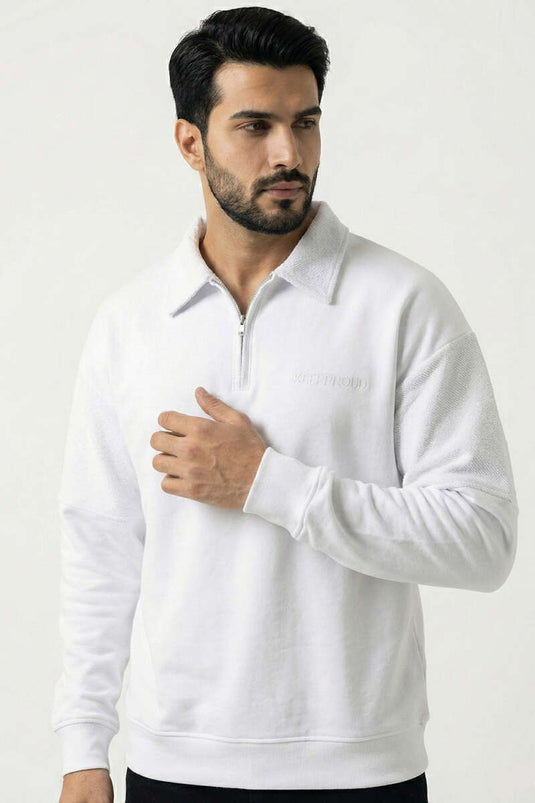 Collared Zip-Up Ribbed Men's Sweatshirt White