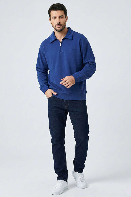 Yaka Fermuarlı Ribanalı Erkek Sweatshirt Lacivert